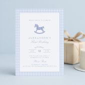 Invitation Blue En vichy Rocse Horse Boy Anniversaire