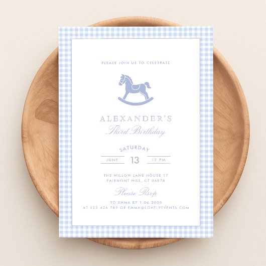 Invitation Blue En vichy Rocse Horse Boy Anniversaire
