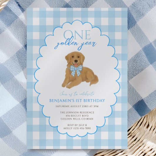 Invitation Blue En vichy un an d'or 1er anniversaire chiot