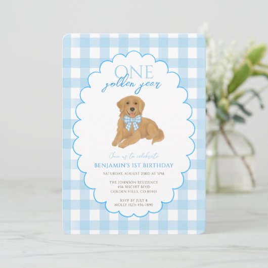 Invitation Blue En vichy un an d'or 1er anniversaire chiot (Debout devant)