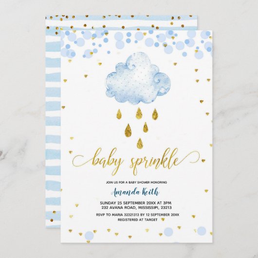 Invitation Blue et Gold Garçon Raincloud Baby Sprinkle (Devant / Derrière)