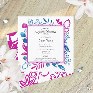 Invitation Blue et Magenta Rose Quinceañera