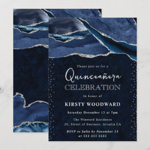 Invitation Blue et paillettes d'argent Agate Quinceanera