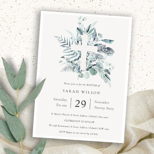 Invitation Blue Eucalyptus Fern Foliage Croix Baptême Invitat