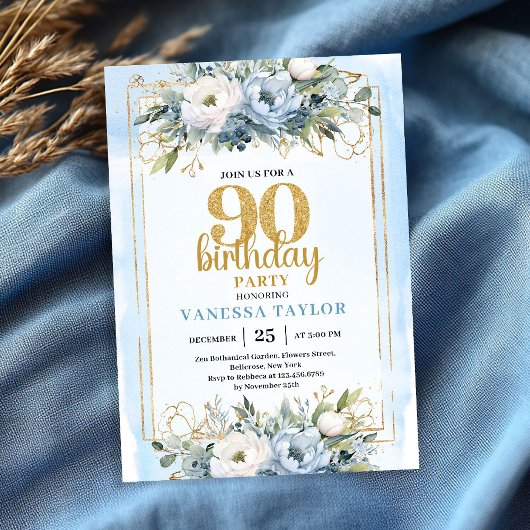 Invitation Blue Eucalyptus Gold Accent 90th Birthday Invite