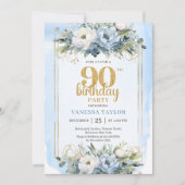 Invitation Blue Eucalyptus Gold Accent 90th Birthday Invite (Devant)