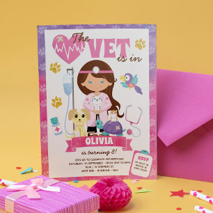 Invitation Blue Eyes Brown cheveux fille vétérinaire fête d'a