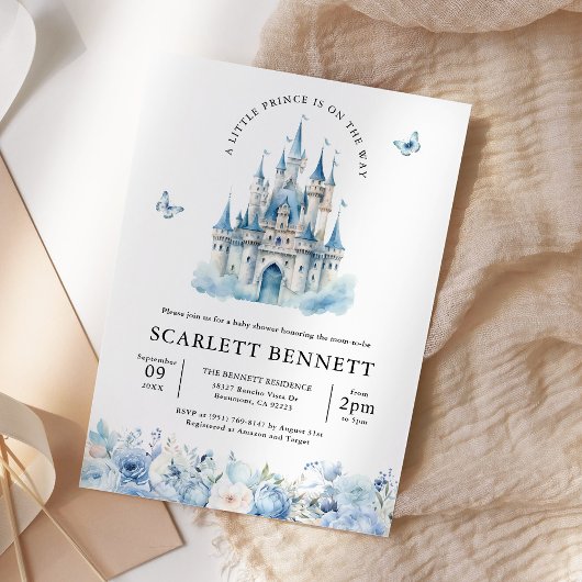 Invitation Blue Fairytale Castle Prince Floral Baby shower