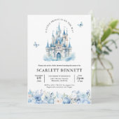 Invitation Blue Fairytale Castle Prince Floral Baby shower (Debout devant)