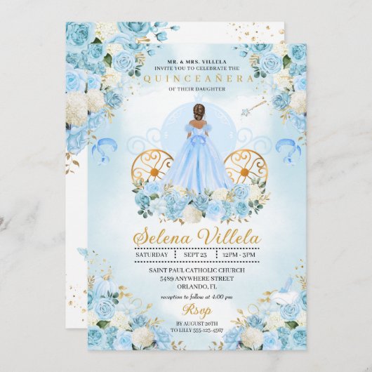 Invitation Blue Fairytale Cinderella Carriage Quinceañera (Devant / Derrière)