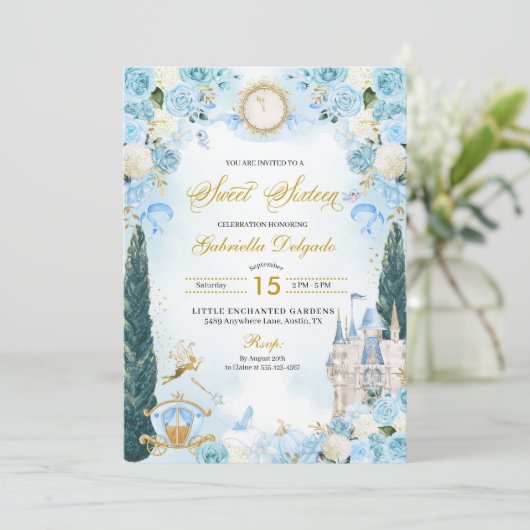 Invitation Blue Fairytale Cinderella Princess Sweet sixteen (Debout devant)