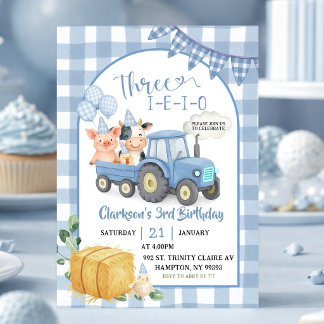 Invitation Blue Farm Animals Three-i-e-i-o 3rd Birthday