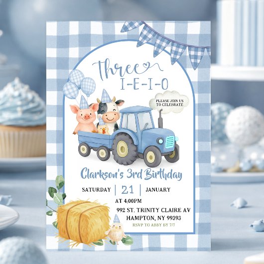 Invitation Blue Farm Animals Three-i-e-i-o 3rd Birthday