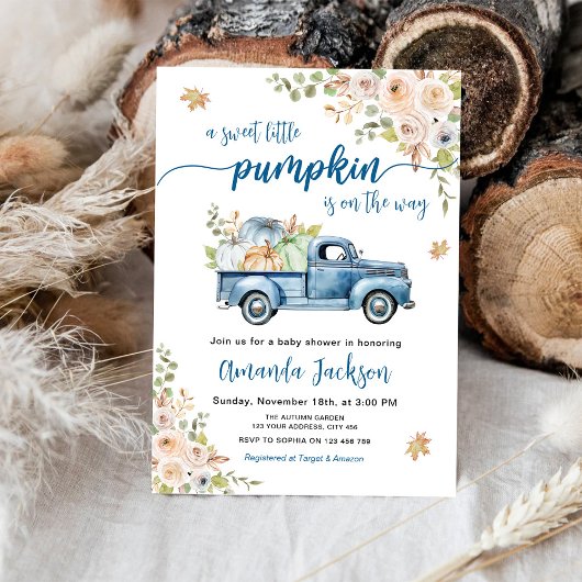 Invitation Blue Farm Truck Petit Baby shower Citrouille