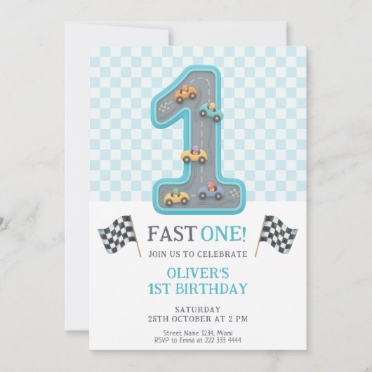 Invitation Blue Fast One Birthday Race (Devant)