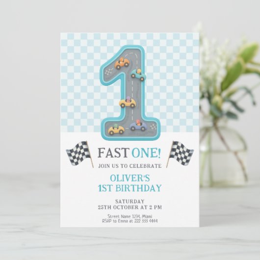 Invitation Blue Fast One Birthday Race (Debout devant)