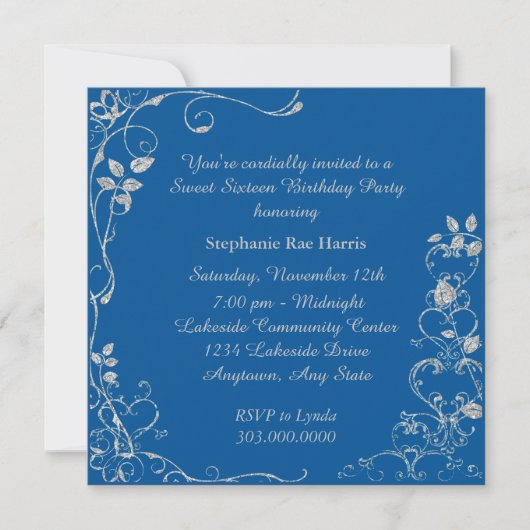 Invitation Blue Faux Diamond Swirl Sweet 16 Anniversaire (Devant)