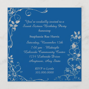 Invitation Blue Faux Diamond Swirl Sweet 16 Anniversaire
