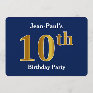 Invitation Blue, Faux Gold 10e fête d'anniversaire + Nom pers