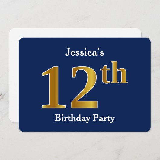 Invitation Blue, Faux Gold 12e fête d'anniversaire + Nom pers (Devant / Derrière)