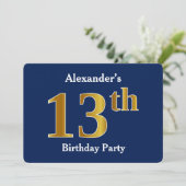 Invitation Blue, Faux Gold 13e fête d'anniversaire + Nom pers (Debout devant)