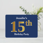 Invitation Blue, Faux Gold 15e fête d'anniversaire + Nom pers (Debout devant)