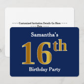 Invitation Blue, Faux Gold 16e fête d'anniversaire + Nom pers (Devant / Derrière)