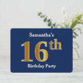 Invitation Blue, Faux Gold 16e fête d'anniversaire + Nom pers (Debout devant)