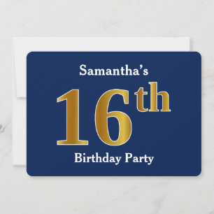 Invitation Blue, Faux Gold 16e fête d'anniversaire + Nom pers