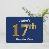Invitation Blue, Faux Gold 17th Birthday Party + Custom Name (Debout devant)