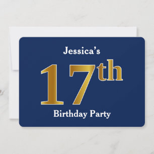 Invitation Blue, Faux Gold 17th Birthday Party + Custom Name