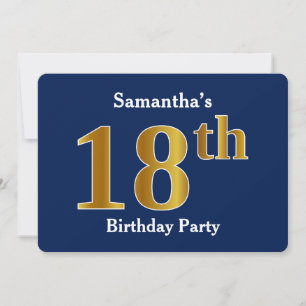 Invitation Blue, Faux Gold 18e fête d'anniversaire + Nom pers