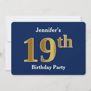 Invitation Blue, Faux Gold 19th Birthday Party + Custom Name