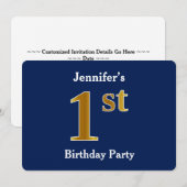 Invitation Blue, Faux Gold 1er Anniversaire Fête + Nom person (Devant / Derrière)