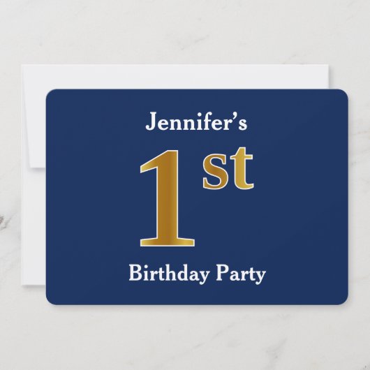 Invitation Blue, Faux Gold 1er Anniversaire Fête + Nom person (Devant)