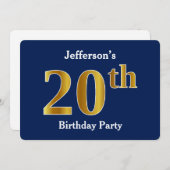 Invitation Blue, Faux Gold 20th Birthday Party + Nom personna (Devant / Derrière)