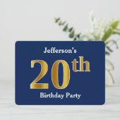 Invitation Blue, Faux Gold 20th Birthday Party + Nom personna (Debout devant)