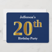 Invitation Blue, Faux Gold 20th Birthday Party + Nom personna (Devant)
