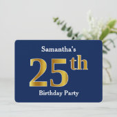 Invitation Blue, Faux Gold 25th Birthday Party + Nom personna (Debout devant)