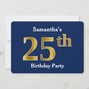 Invitation Blue, Faux Gold 25th Birthday Party + Nom personna