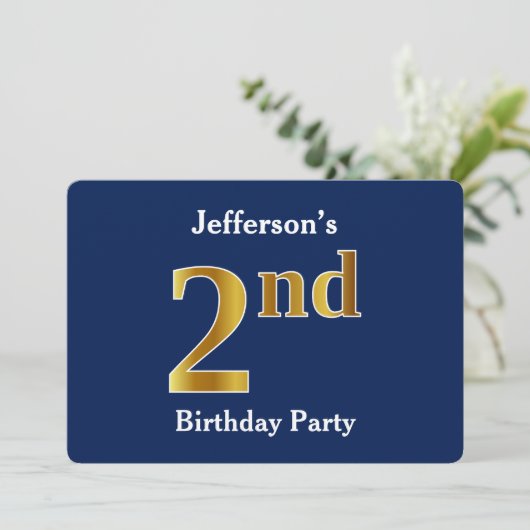 Invitation Blue, Faux Gold 2e fête d'anniversaire + Nom perso (Debout devant)