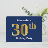 Invitation Blue, Faux Gold 30th Birthday Party + Nom personna (Debout devant)