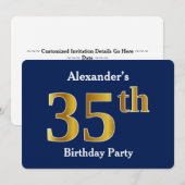 Invitation Blue, Faux Gold 35th Birthday Party + Nom personna (Devant / Derrière)