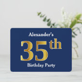 Invitation Blue, Faux Gold 35th Birthday Party + Nom personna (Debout devant)