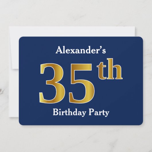 Invitation Blue, Faux Gold 35th Birthday Party + Nom personna (Devant)