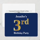 Invitation Blue, Faux Gold 3ème fête d'anniversaire + Noms pe (Devant / Derrière)