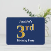 Invitation Blue, Faux Gold 3ème fête d'anniversaire + Noms pe (Debout devant)