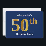 Invitation Blue, Faux Gold 50th Birthday Party   Nom personna<br><div class="desc">Cette conception d'invitation comporte le numéro ordinal "50th" avec un aspect faux or. Il est également doté d'un nom personnalisé et d'un arrière - plan bleu. Il pourrait être utilisé pour les invitations à la fête du cinquantième anniversaire de quelqu’un.</div>