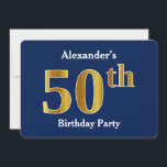 Invitation Blue, Faux Gold 50th Birthday Party   Nom personna<br><div class="desc">Cette conception d'invitation comporte le numéro ordinal "50th" avec un aspect faux or. Il est également doté d'un nom personnalisé et d'un arrière - plan bleu. Il pourrait être utilisé pour les invitations à la fête du cinquantième anniversaire de quelqu’un.</div>