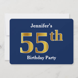 Invitation Blue, Faux Gold 55th Birthday Party + Custom Name